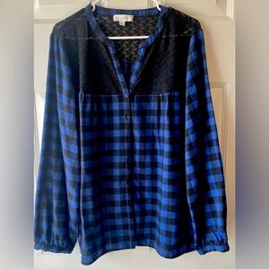 Weekend Suzanne Betro Royal Blue Black Check Scallop Lace Top Flannel Blouse 1X